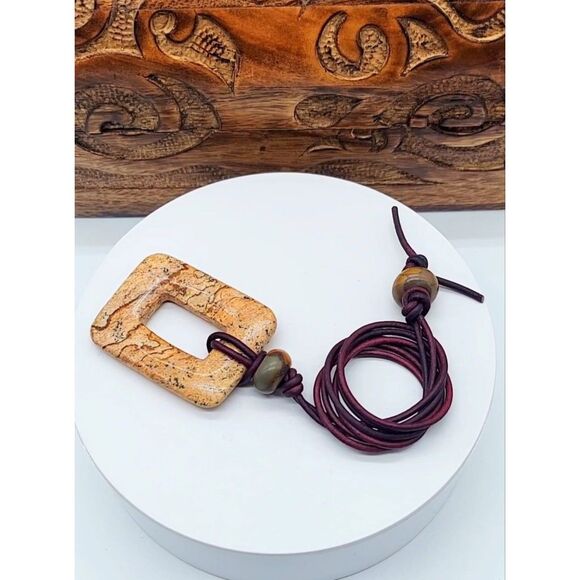 Large Picture Jasper Necklace with Leather Cord Natural Gemstone Pendant - Picture 6 of 8